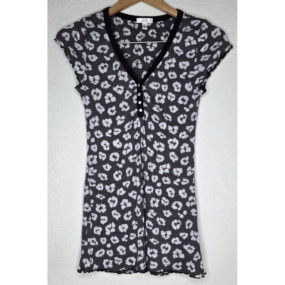 Vintage Cache Y2K Babydoll Top Women L Animal Print Button Bling Ruffle Hem USA